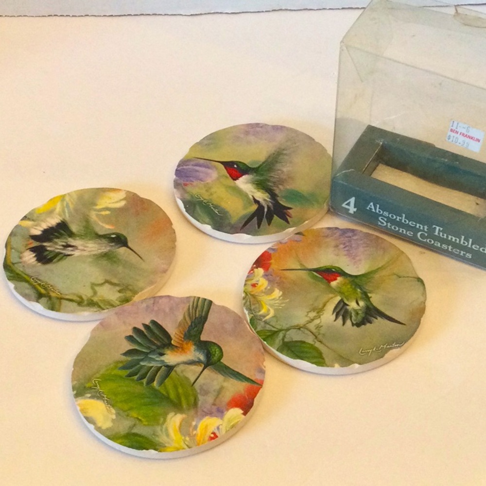 NOS tumbled stone  hummingbird pics coasters set of 4